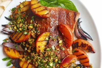 Grilled Salmon and Peaches with Basil-Pistachio Gremolata Recipe