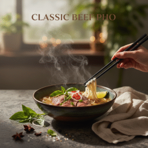 Delicious Classic Beef Pho - A traditional Vietnamese noodle soup with an aromatic, clear broth and tender beef slices.