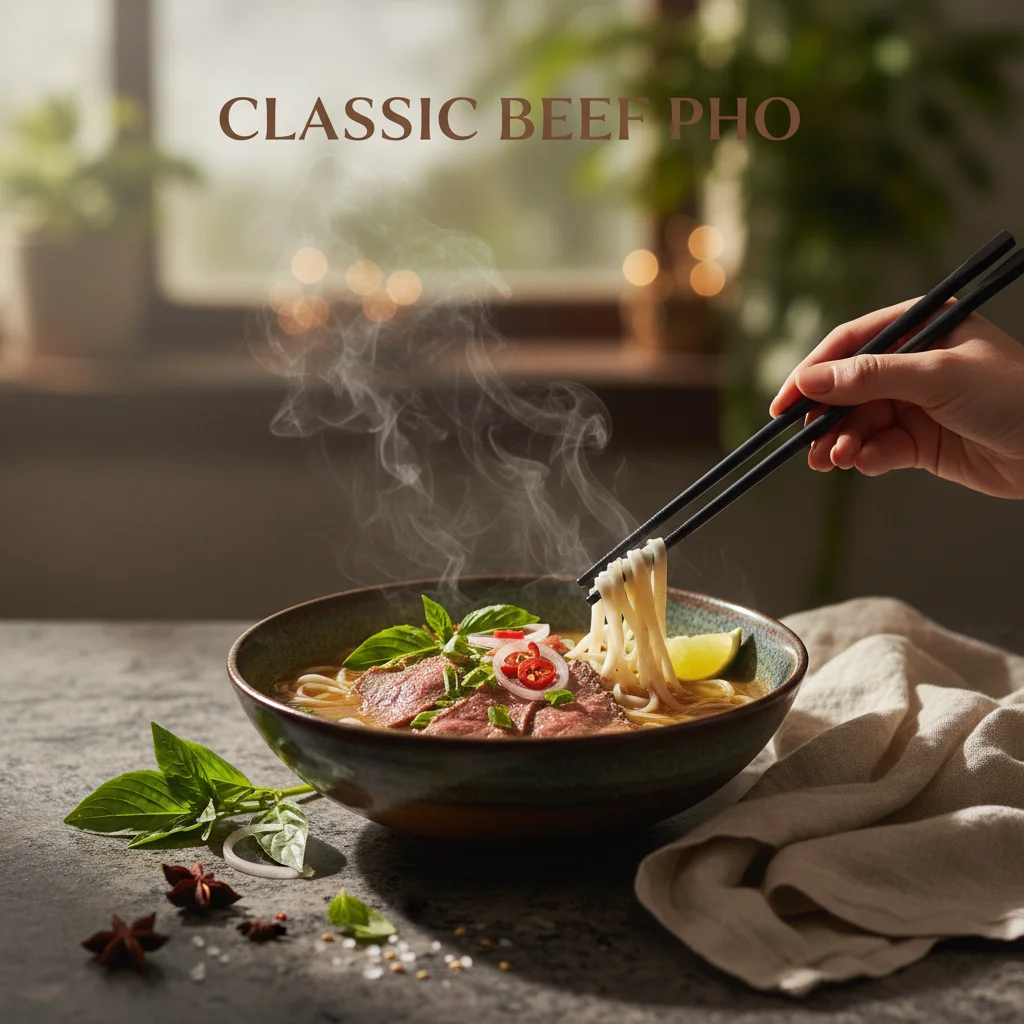 Delicious Classic Beef Pho - A traditional Vietnamese noodle soup with an aromatic, clear broth and tender beef slices.