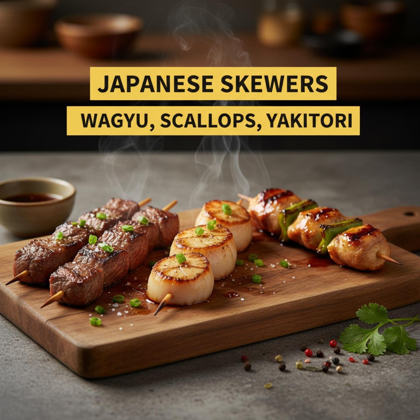 Japanese Skewers: Wagyu, Scallops, Yakitori