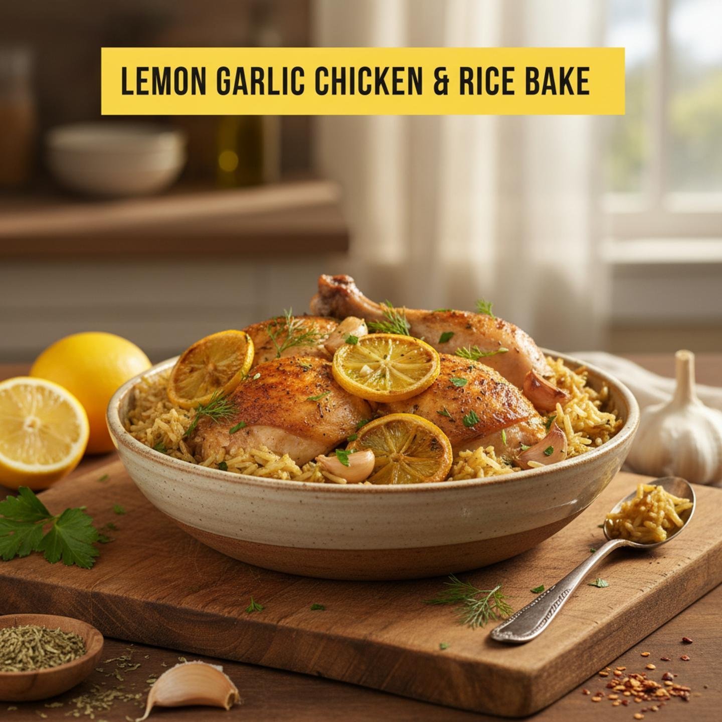Lemon Garlic Chicken & Rice Bake