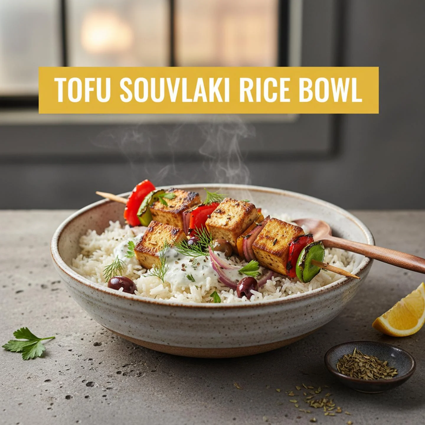 Tofu Souvlaki Rice Bowl