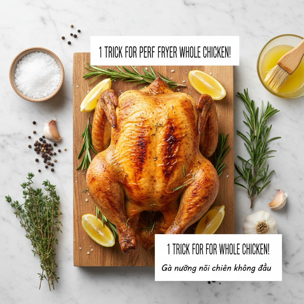 1 Trick for Perfect Air Fryer Whole Rotisserie Chicken - A perfectly cooked golden brown whole chicken resting on a cutting board, freshly air-fried with crispy skin and juicy meat, ready to be carved. The background shows an air fryer in a modern kitchen setting.