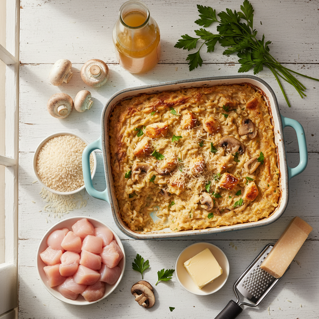 A creamy baked chicken and mushroom risotto in a rustic oven-safe dish, garnished with fresh parsley and grated Parmesan, ready to serve.