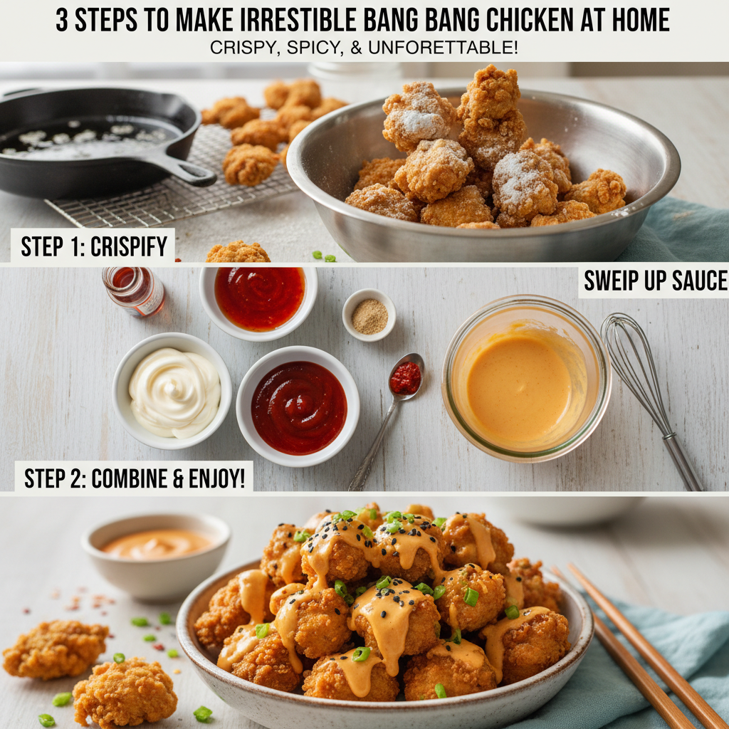 Platter of crispy Bang Bang Chicken pieces coated in a creamy, orange-hued spicy-sweet sauce, garnished with chopped green onions and sesame seeds.