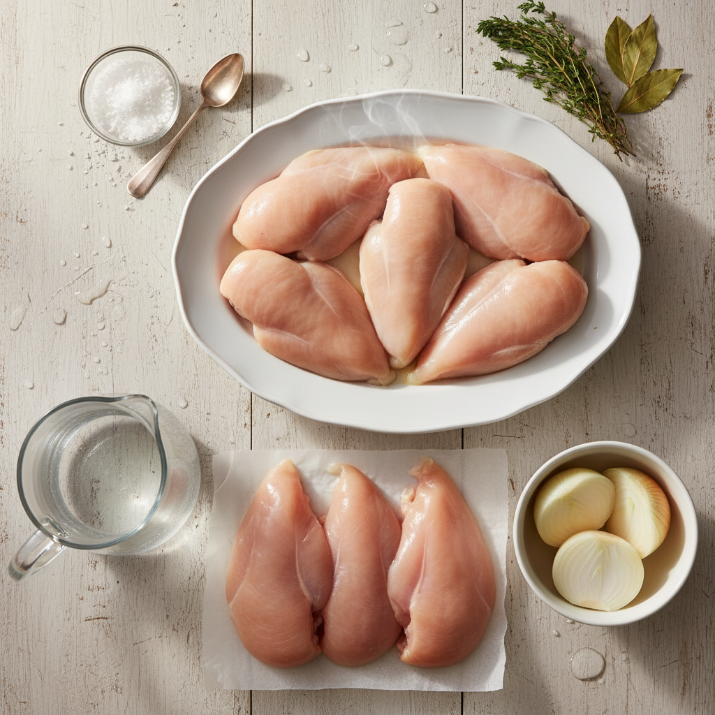 Close-up of perfectly cooked, tender boiled chicken breast slices on a cutting board, ready for shredding or serving, with steam gently rising.