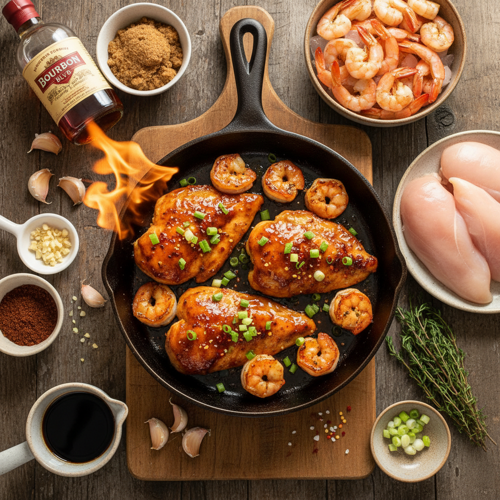 Sizzling Bourbon Street Chicken and Shrimp served on a hot cast iron skillet, garnished with fresh parsley and drizzled with sweet and savory bourbon glaze.
