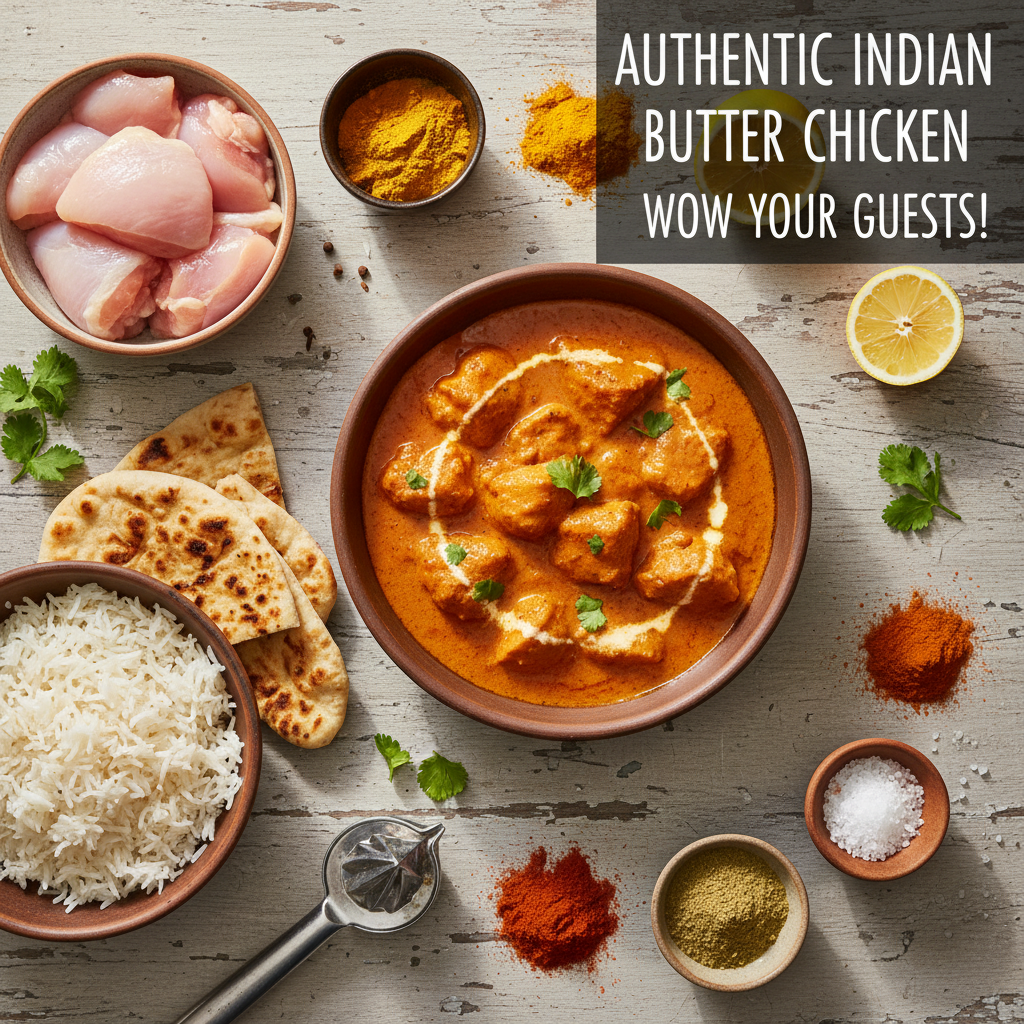 A bowl of authentic Indian Butter Chicken, rich and creamy, garnished with fresh coriander leaves, served with fluffy basmati rice and warm naan bread on the side.