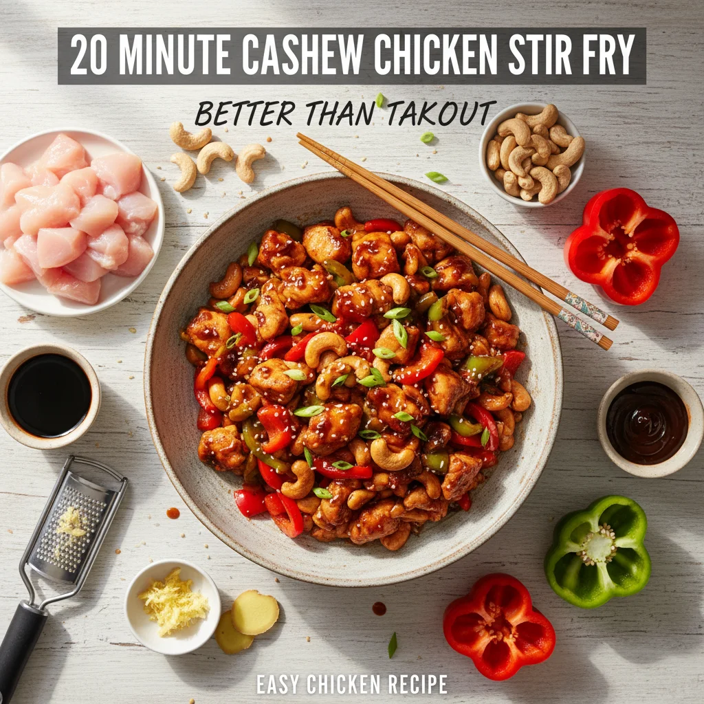 A vibrant homemade Cashew Chicken stir-fry served over steamed rice, featuring tender chicken pieces, crisp red and green bell peppers, and crunchy roasted cashews, all coated in a savory brown sauce.