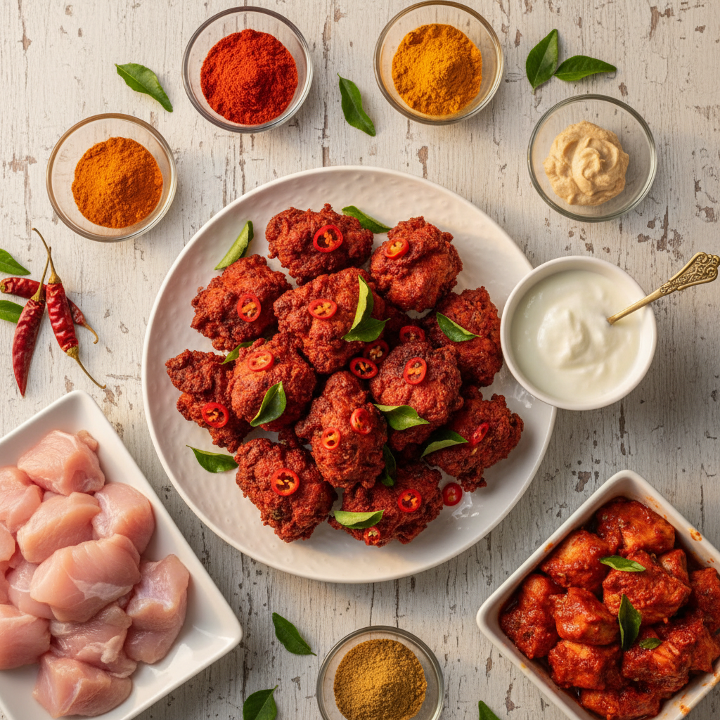 A vibrant and crispy plate of Chicken 65, garnished with fresh green chilies and curry leaves, showcasing its iconic reddish hue and perfectly fried texture, ready to be served as a spicy Indian appetizer.