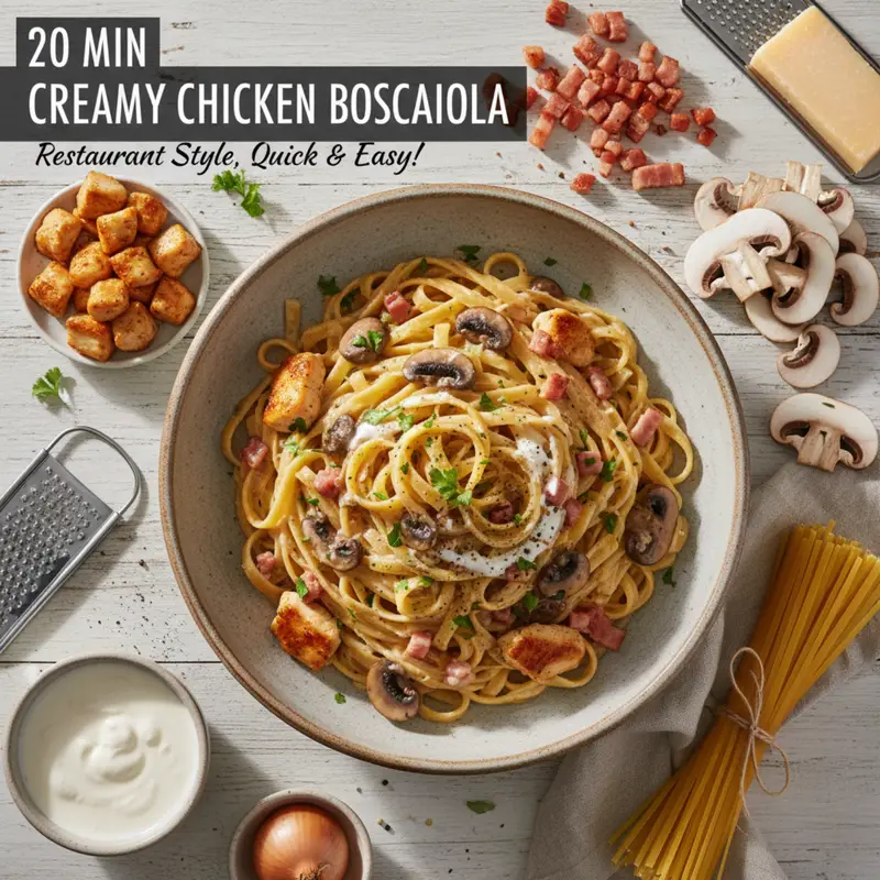 20 Minute Creamy Chicken Boscaiola Pasta (Restaurant Style)