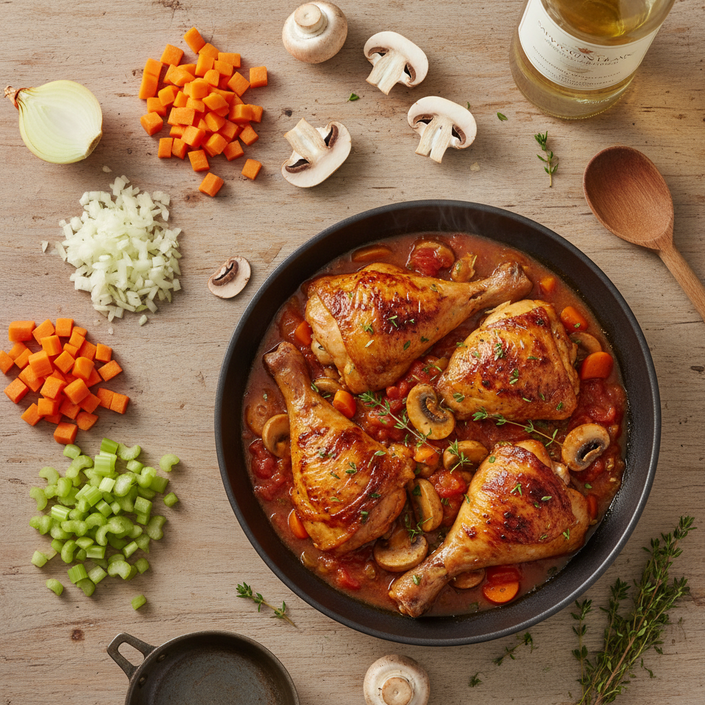 A steaming cast-iron pot filled with classic French Chicken Chasseur, featuring tender chicken pieces, sautéed mushrooms, and a rich tomato-white wine sauce, garnished with fresh parsley and tarragon, ready to serve.