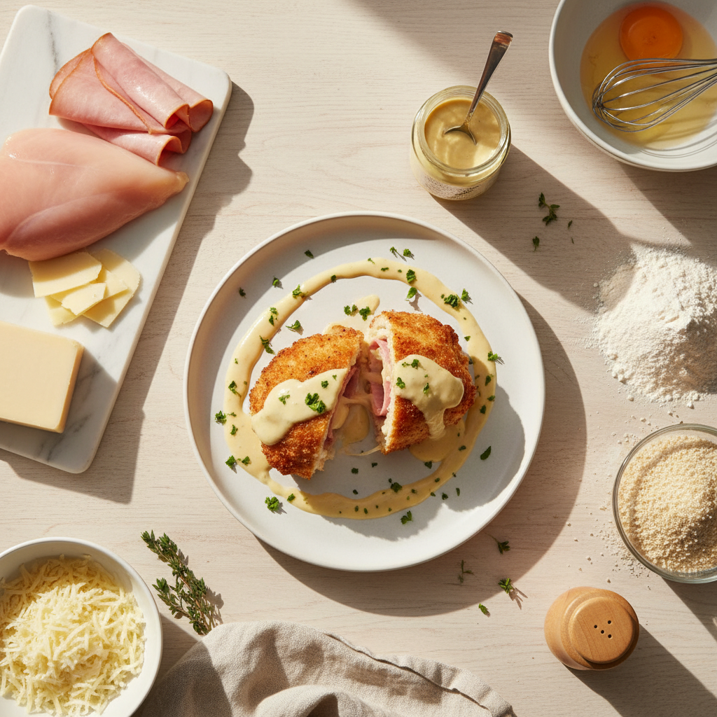 A beautifully baked golden-brown Chicken Cordon Bleu cut open to reveal melted Swiss and ham, served on a plate with a creamy Dijon sauce and fresh herbs.