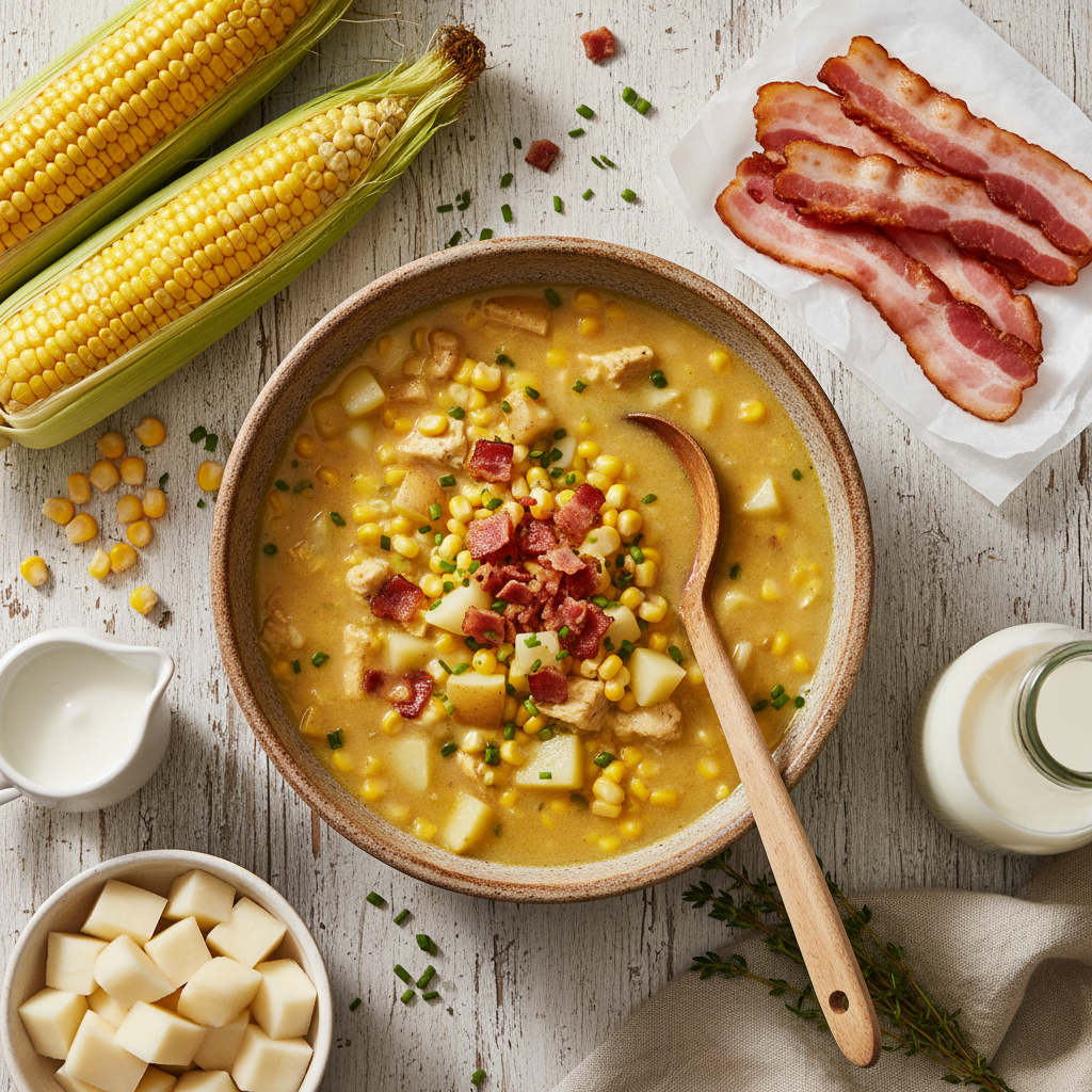 A steaming bowl of creamy chicken corn chowder, topped with crispy bacon bits and fresh green herbs, served on a rustic wooden surface.