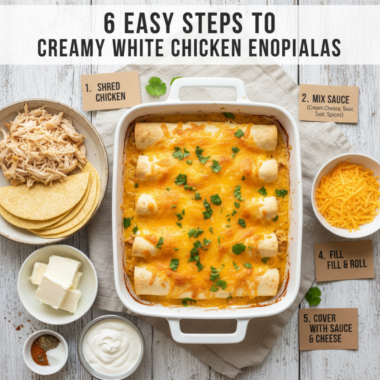 6 Easy Steps to Creamy White Chicken Enchiladas