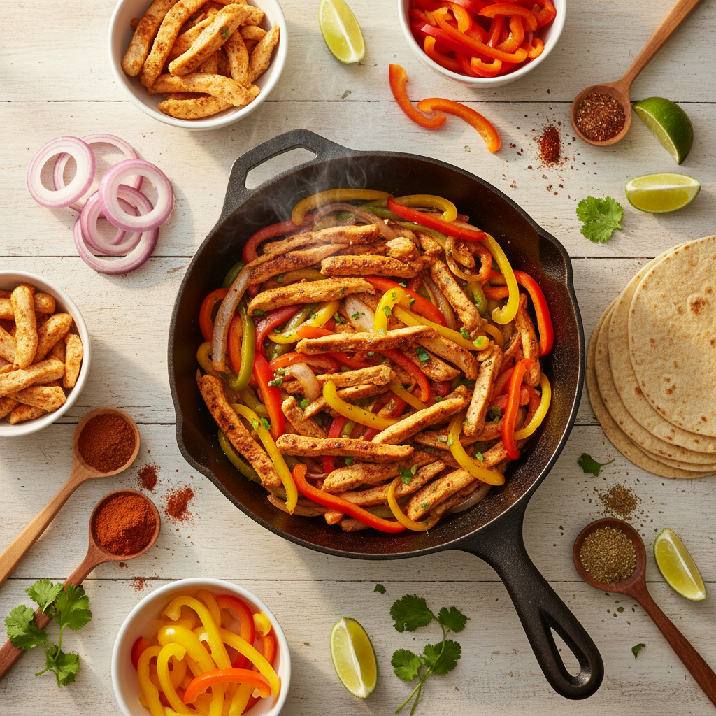 Sizzling skillet of vibrant chicken fajitas with thinly sliced chicken, bell peppers (red, yellow, green), and onions, garnished with fresh cilantro, ready to be served with warm tortillas and lime wedges.