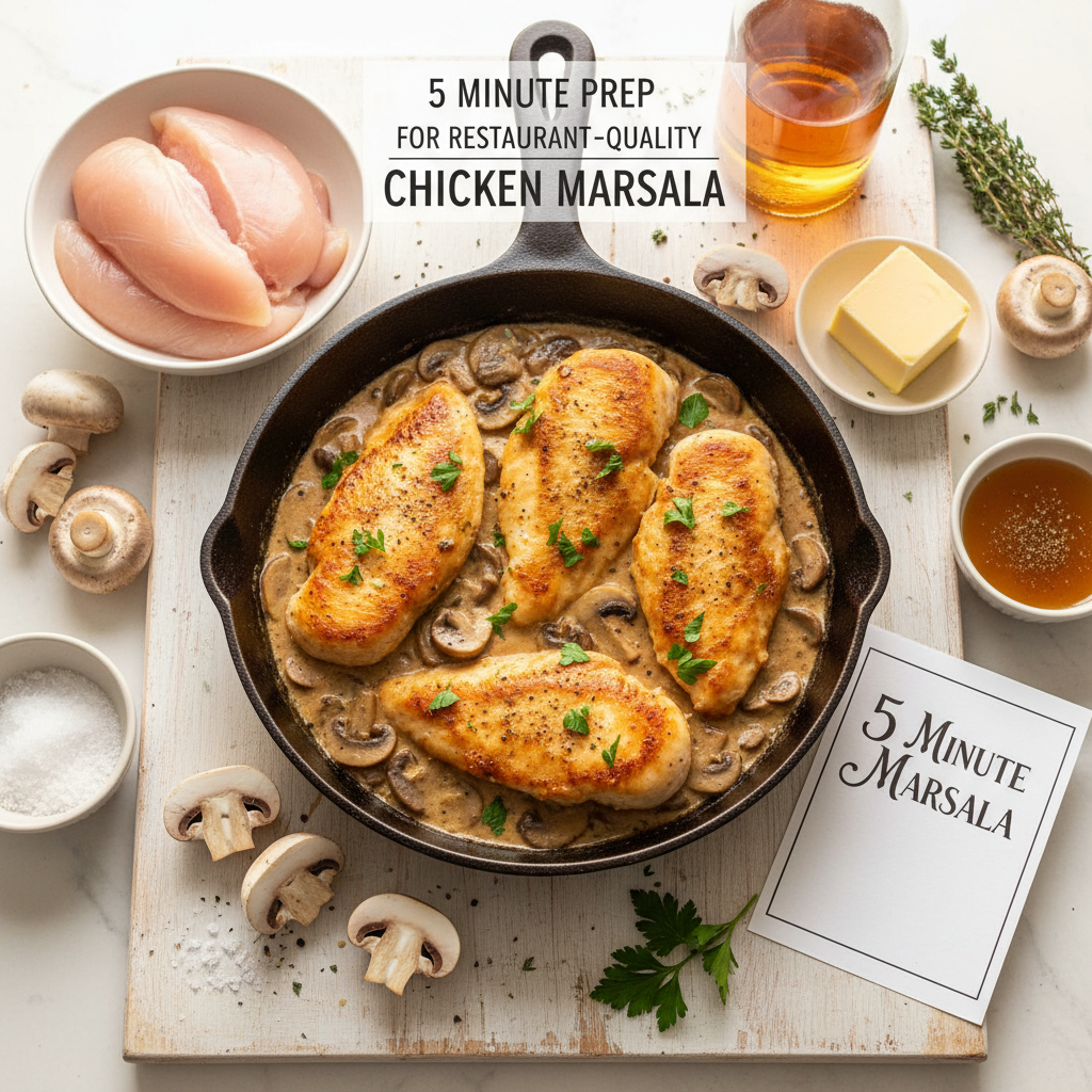 A delicious plate of pan-seared Chicken Marsala garnished with fresh parsley, featuring golden-brown chicken cutlets covered in a rich, glossy Marsala wine and mushroom sauce.