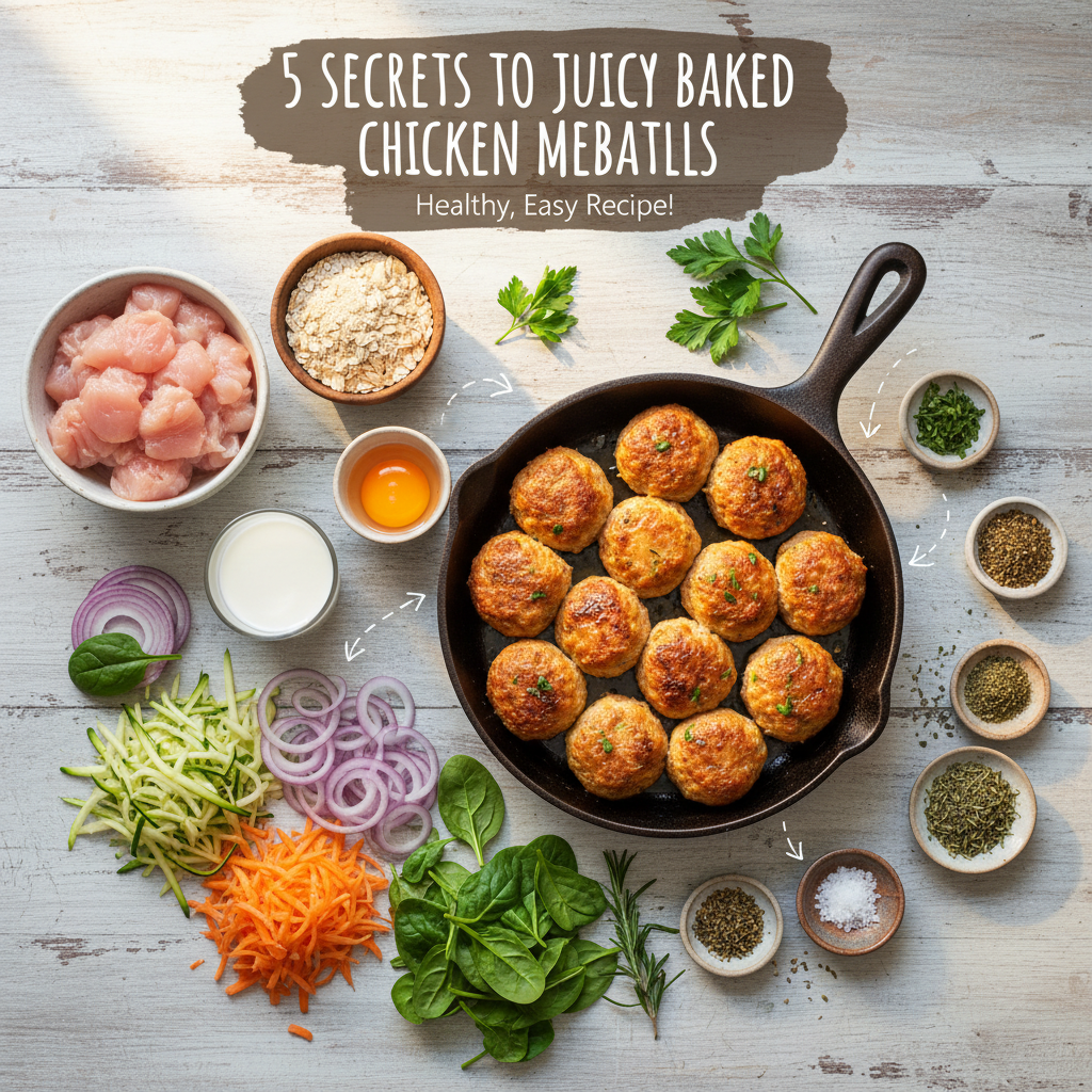 A plate of golden-brown, perfectly baked juicy chicken meatballs, garnished with fresh parsley, served alongside a vibrant marinara sauce, ready to be enjoyed.