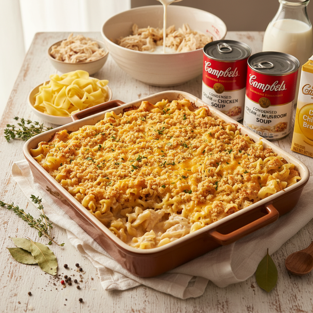 A close-up shot of a golden-brown, bubbly Chicken Noodle Casserole in a baking dish, topped with a crispy cracker crust. Tender egg noodles, shredded chicken, and peas are visible in the creamy sauce.