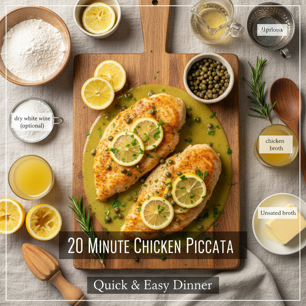 Close-up of golden-brown pan-seared Chicken Piccata cutlets coated in a glossy lemon caper butter sauce, garnished with fresh parsley.