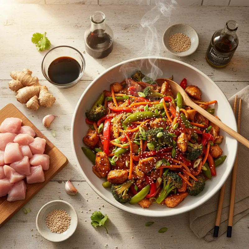 A vibrant and healthy chicken stir fry in a wok, with tender chicken pieces, crisp broccoli, colourful bell peppers, carrots, and mushrooms, coated in a glossy homemade soy-ginger-garlic sauce. Perfect for a quick weeknight dinner.