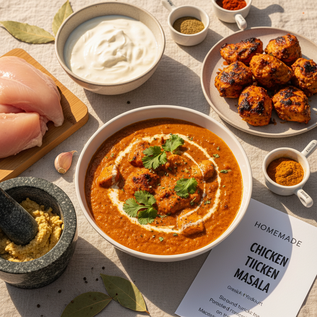 A close-up shot of a vibrant bowl of creamy Chicken Tikka Masala, garnished with fresh cilantro, with tender grilled chicken pieces swimming in a rich, orange tomato sauce. Basmati rice and warm naan bread are blurred in the background, suggesting a complete meal.