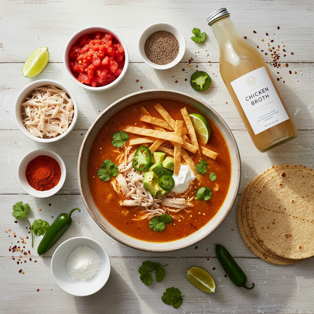 A vibrant bowl of homemade Chicken Tortilla Soup, garnished with crispy tortilla strips, fresh avocado slices, a dollop of sour cream, and a wedge of lime, showcasing a rich tomato and chicken broth.
