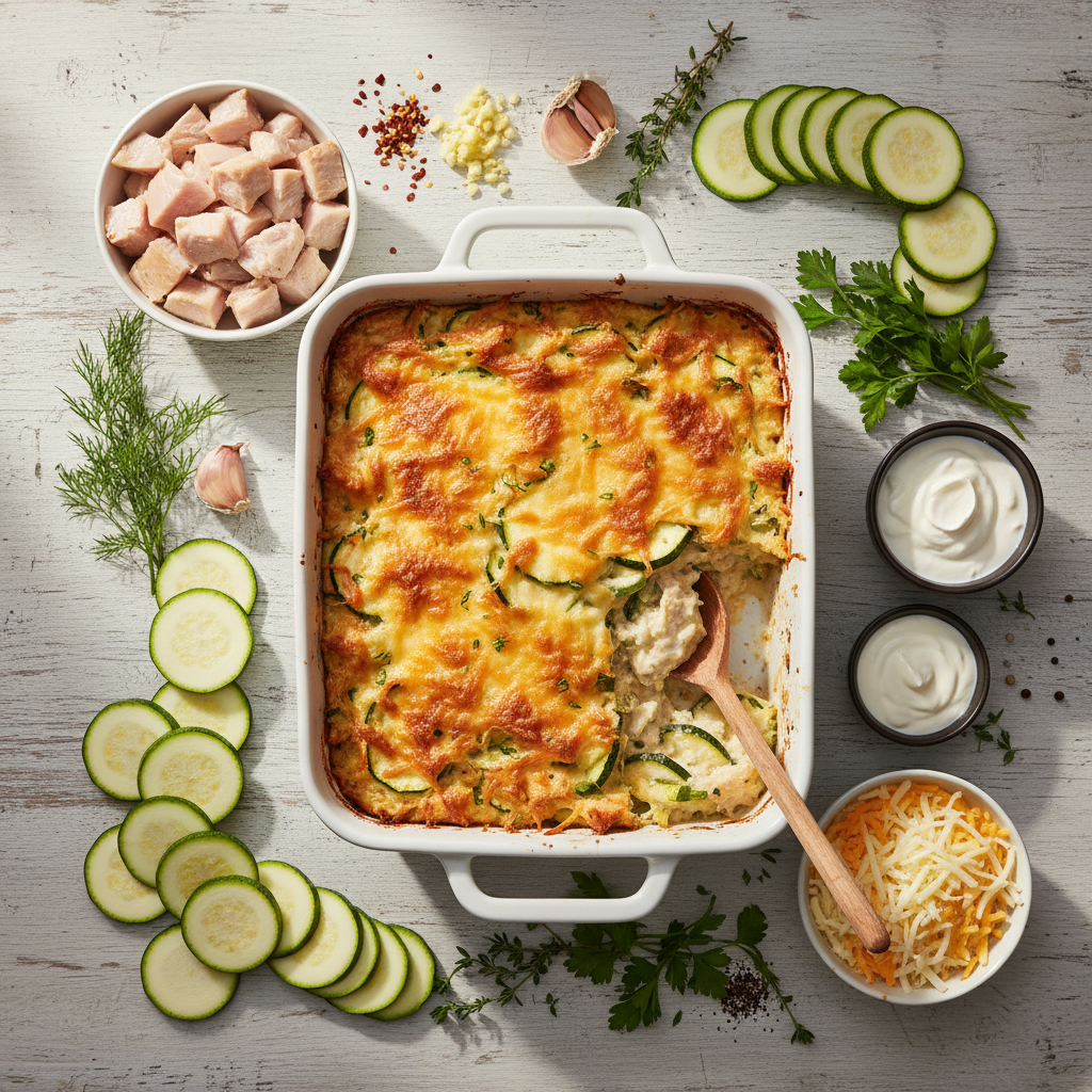 A close-up of a bubbling, golden brown Chicken Zucchini Casserole, topped with melted cheese and fresh herbs, in a ceramic baking dish, ready to be served.