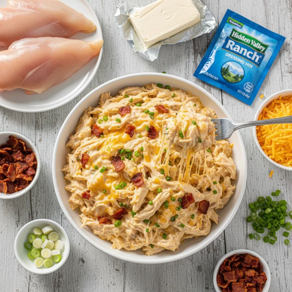 Close-up of creamy slow cooker Crack Chicken with shredded chicken, melted cheddar cheese, crispy bacon bits, and chopped green onions in a slow cooker.