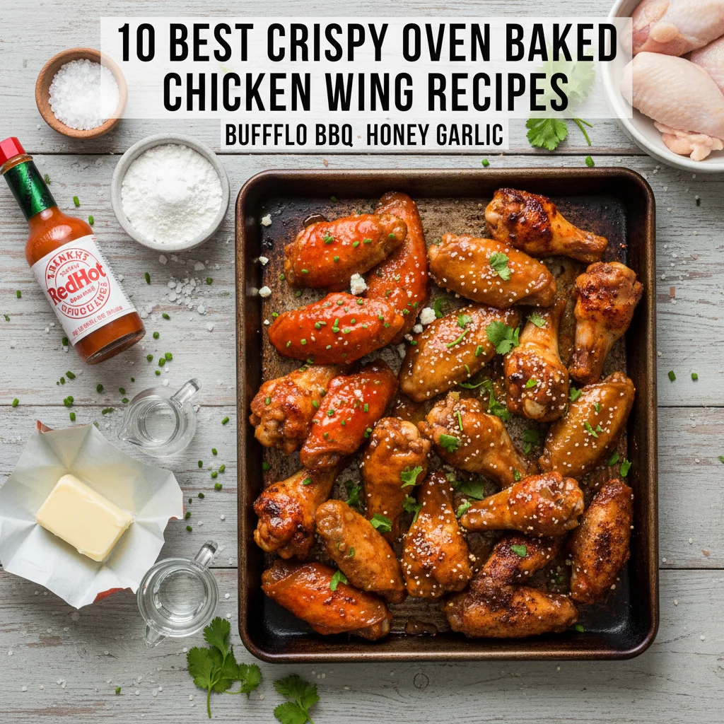 A vibrant platter of golden brown, crispy oven-baked chicken wings, featuring three distinct sauce coatings: classic red Buffalo, sticky dark BBQ, and glossy amber Honey Garlic. They are artfully arranged with garnishes and side dipping sauces like ranch and blue cheese.