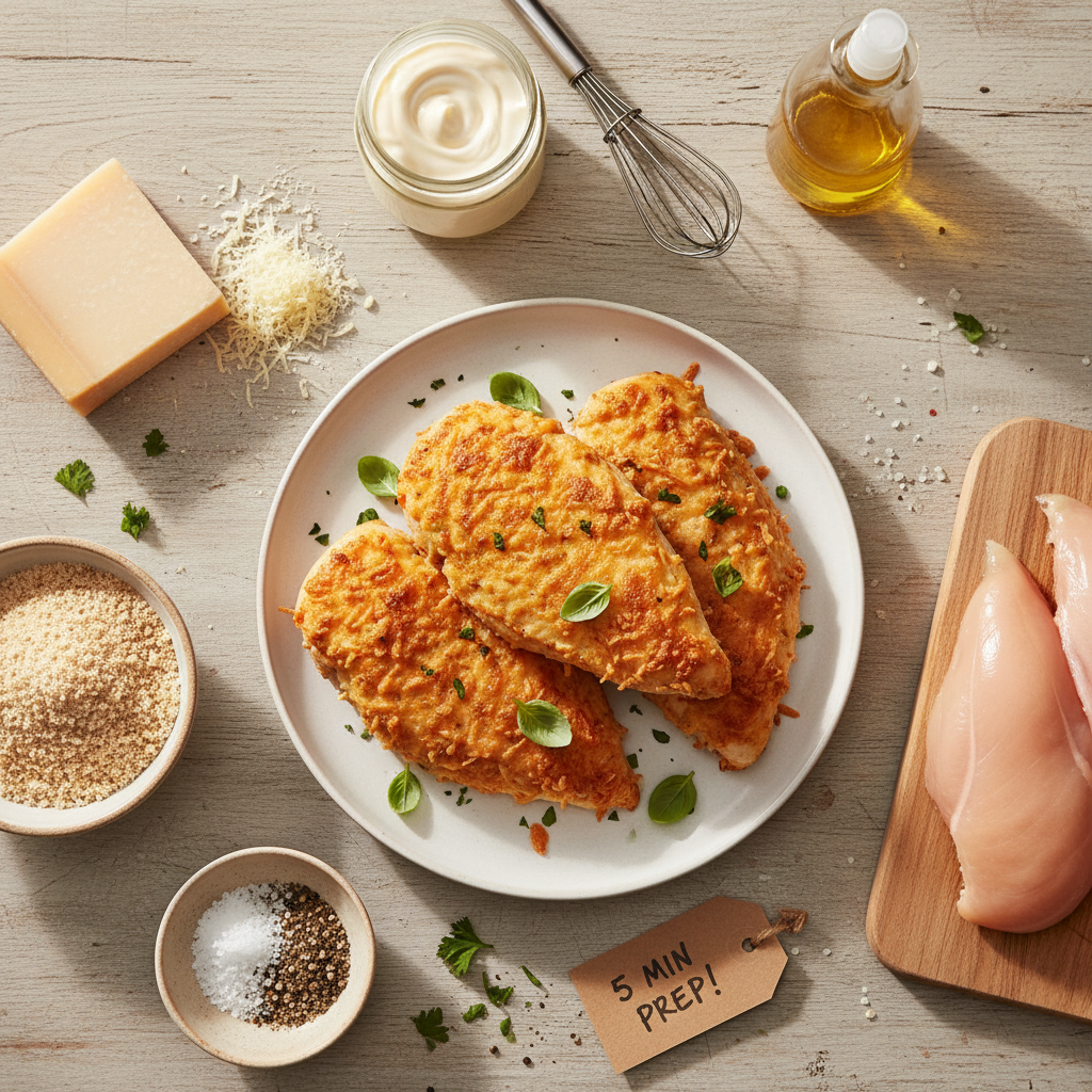 Golden brown crispy oven Parmesan chicken cutlets resting on a wire rack, freshly baked and ready to serve, showcasing the crunchy Panko and melted cheese coating.