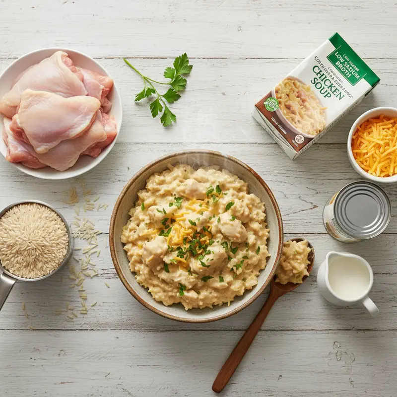 A close-up of creamy Crockpot Chicken and Rice in a slow cooker, filled with tender shredded chicken, fluffy white rice, mixed vegetables like peas and carrots, and topped with melted cheese and fresh parsley, ready to be served as a comforting family dinner.