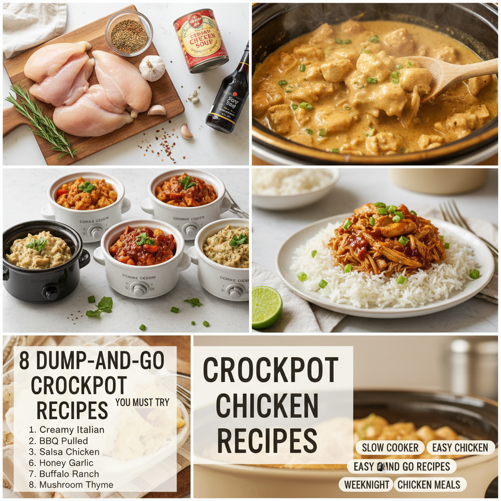 Assortment of delicious crockpot chicken dishes, including creamy garlic herb chicken, honey teriyaki chicken, and BBQ pulled chicken, ready for an easy weeknight meal.