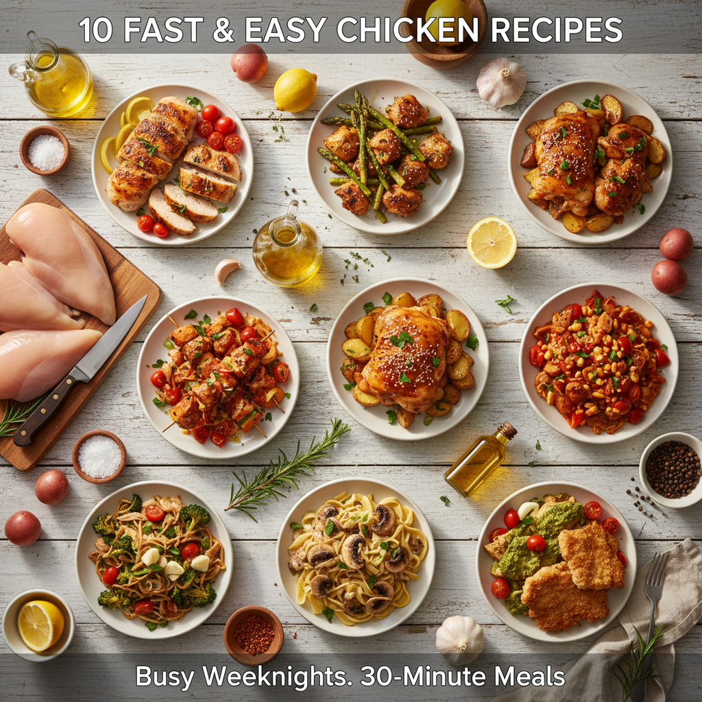 A vibrant assortment of easy chicken dishes including a lemon herb sheet pan meal, creamy garlic chicken, and colorful chicken stir-fry, showcasing quick and delicious weeknight dinner solutions for busy families.
