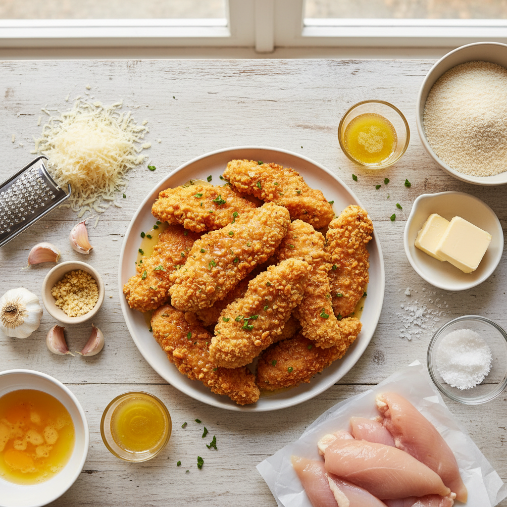 Close-up of golden-brown, crispy baked Garlic Parmesan Chicken Tenders served on a wire rack with fresh parsley garnish and a side of creamy dipping sauce.