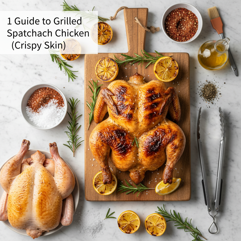A perfectly grilled spatchcock chicken with crispy, golden-brown skin, garnished with fresh herbs, ready to be served on a platter.