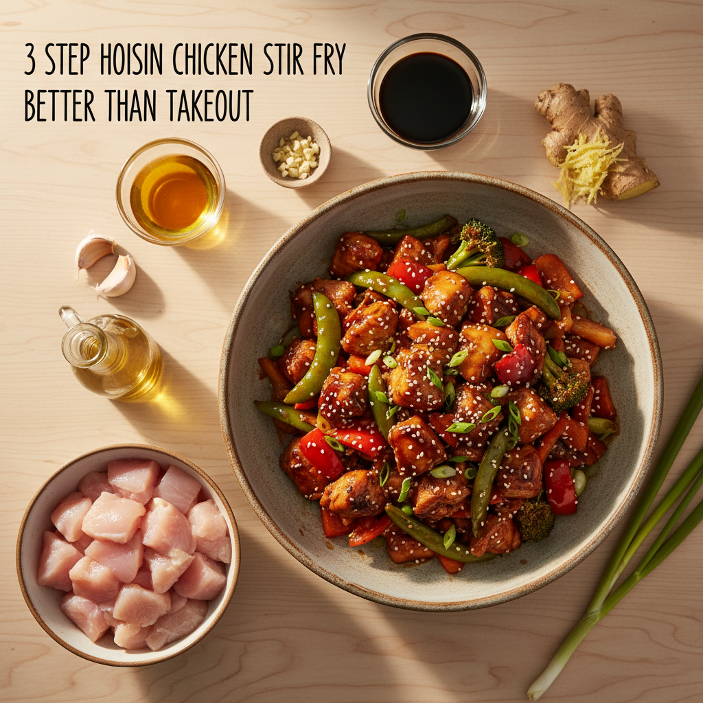 A vibrant Hoisin Chicken stir-fry with tender chicken pieces, crisp broccoli, snap peas, and carrots coated in a glossy, savory-sweet hoisin sauce, served over white rice.