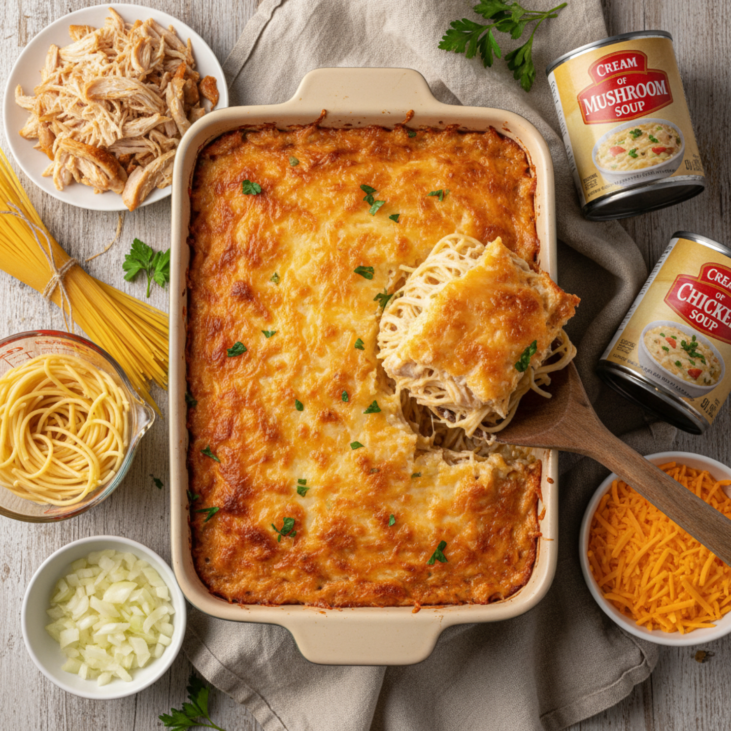 1 Cheesy Homemade Chicken Spaghetti Casserole