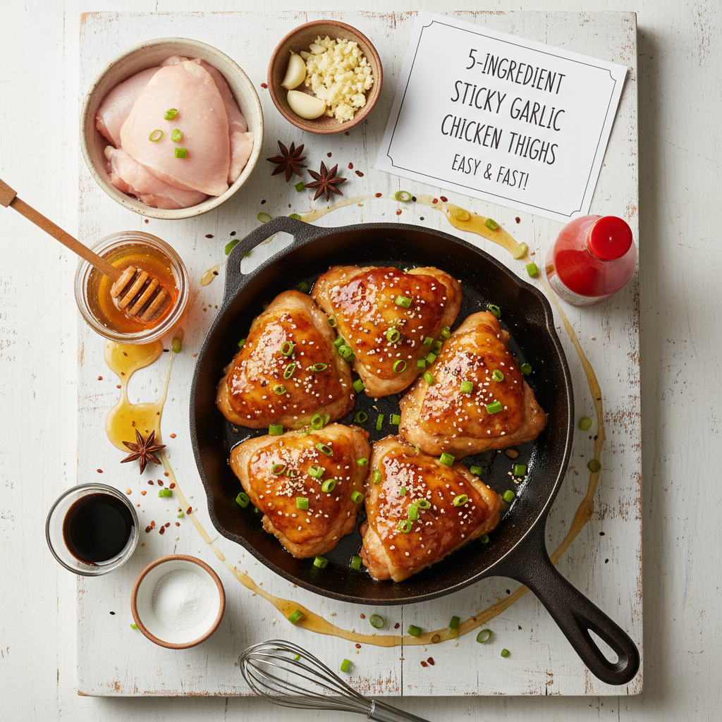 Close-up of golden-brown Honey Garlic Chicken Thighs on a white plate, garnished with fresh chopped green onions and sesame seeds, showcasing the rich, sticky glaze and perfectly crispy skin.