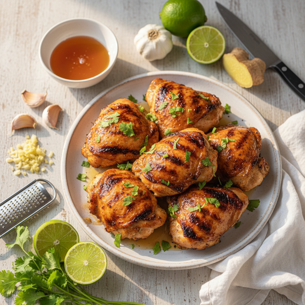 A close-up of beautifully grilled honey lime chicken breasts, garnished with fresh cilantro and lime wedges, showcasing a golden-brown, caramelized glaze.