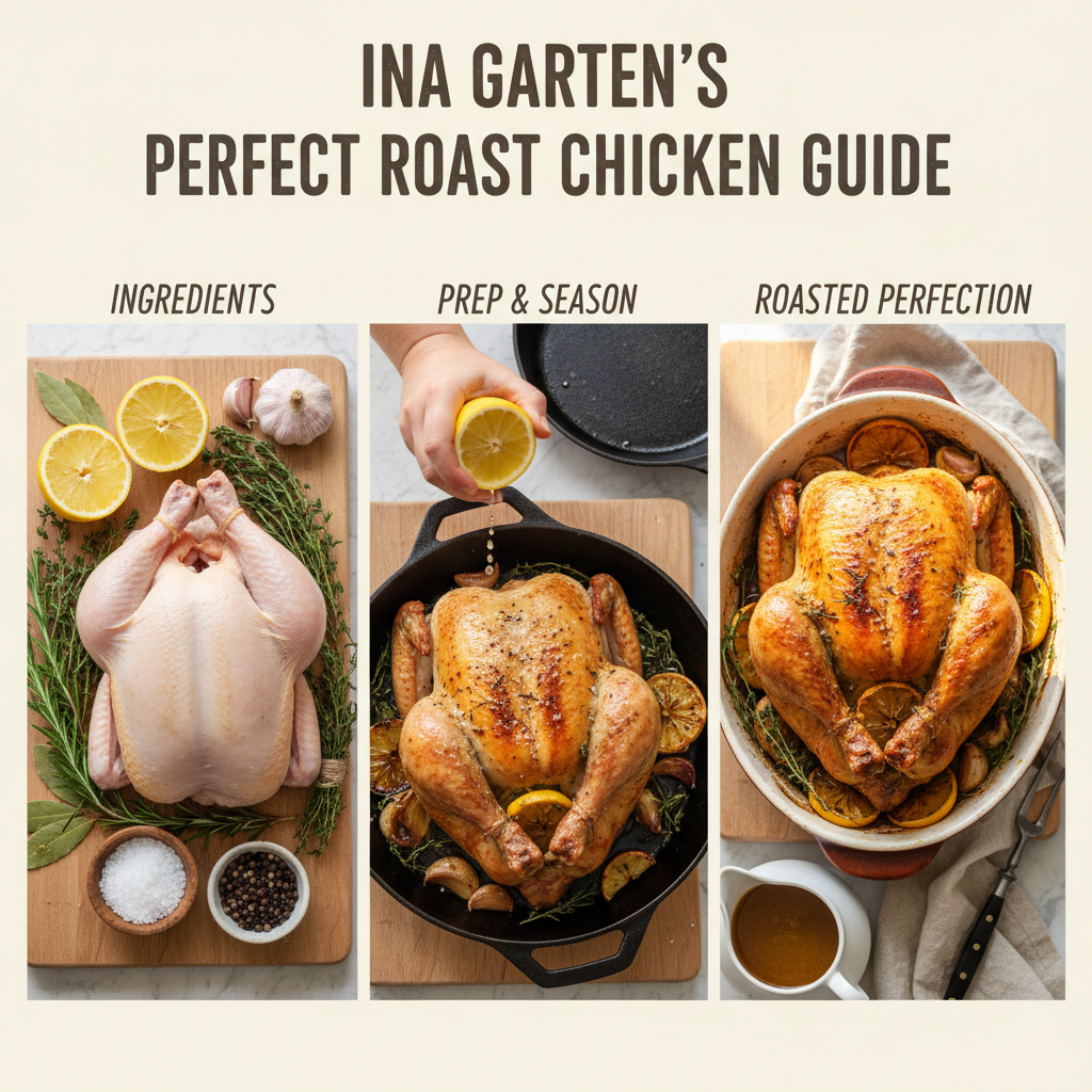A perfectly roasted whole chicken, golden brown with crispy skin, surrounded by tender roasted carrots and onions in a cast iron pan, ready to be served for Ina Garten's famous recipe.