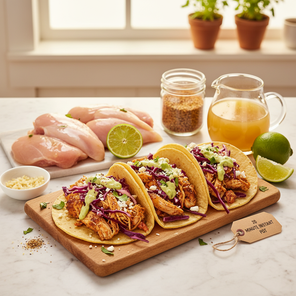 Delicious, tender shredded Instant Pot Chicken Tacos served in warm tortillas with fresh toppings like cilantro, diced onions, and a squeeze of lime.