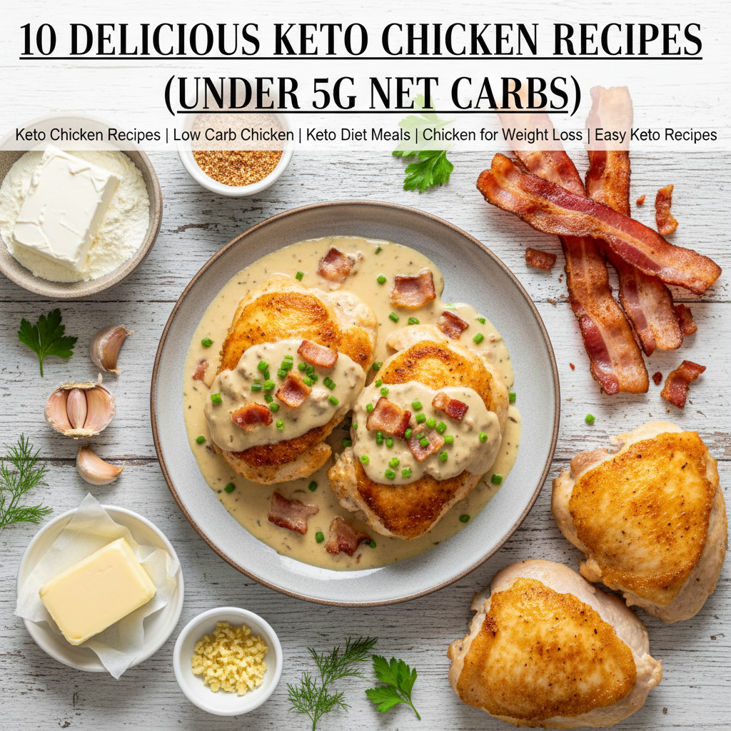 A visually appealing spread of various keto chicken dishes, including creamy chicken, grilled skewers, baked chicken, and a chicken casserole, demonstrating the delicious and diverse low-carb options for a ketogenic diet.