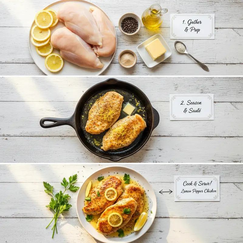 Delicious plate of 3-step Lemon Pepper Chicken, featuring golden-brown chicken pieces garnished with fresh lemon slices and parsley, served with a side of creamy sauce.