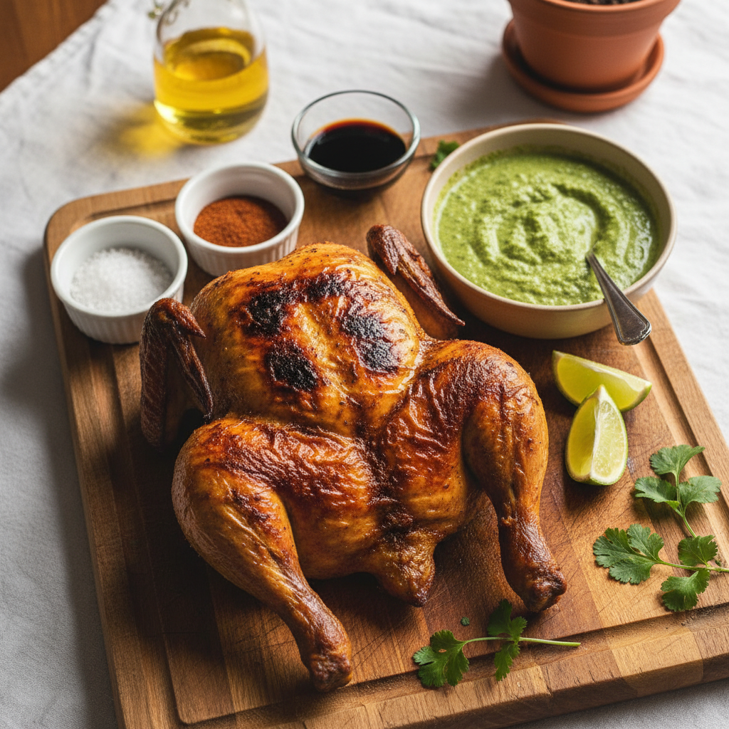 A perfectly roasted whole Peruvian Chicken (Pollo a la Brasa) with crispy golden-brown skin, garnished with fresh herbs, served alongside a vibrant green Aji Verde sauce.