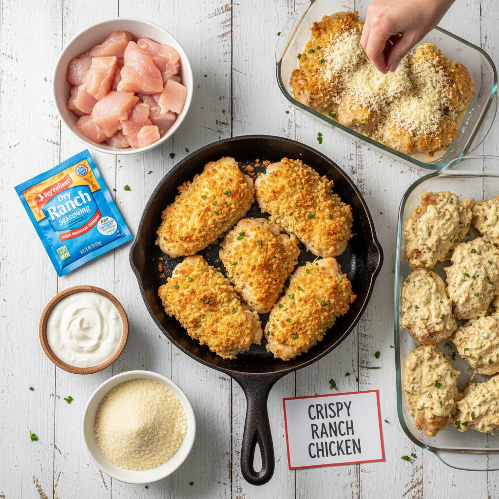 Close-up of golden brown crispy baked ranch chicken pieces on a baking sheet, garnished with fresh parsley.