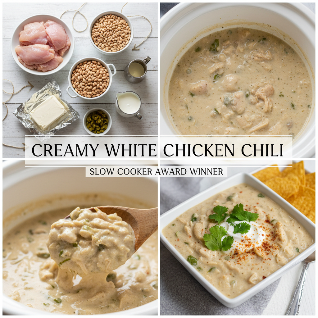 A comforting bowl of creamy white slow cooker chicken chili, garnished with fresh cilantro, shredded cheese, and a lime wedge, ready to be served.