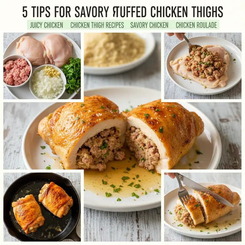 Close-up of golden-brown, crispy stuffed chicken thighs, perfectly seared and tied with kitchen twine, resting on a serving platter with fresh herbs.